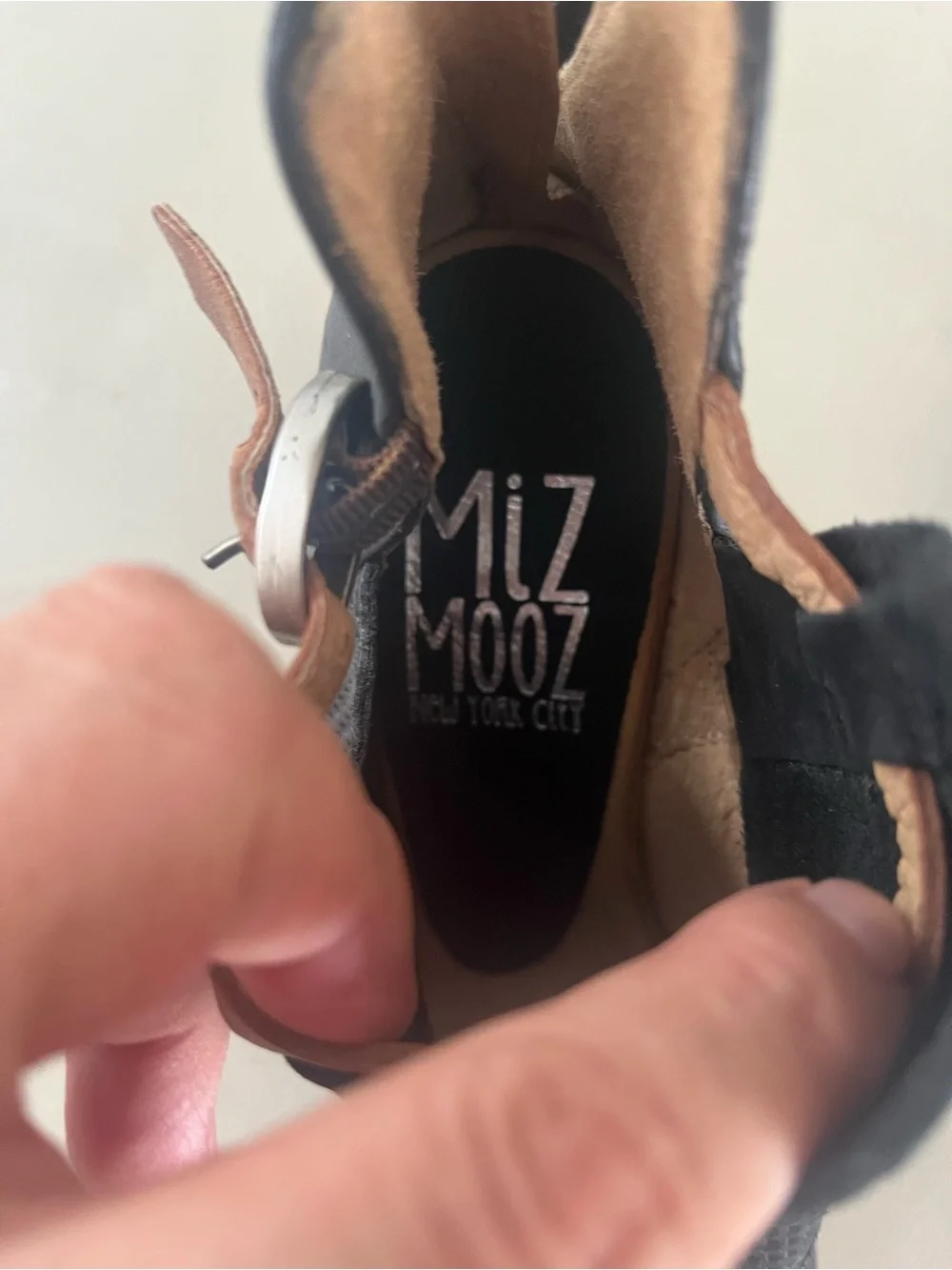 Miz Mooz Black Peep-Toe Wedge Sandals with Tan Accents